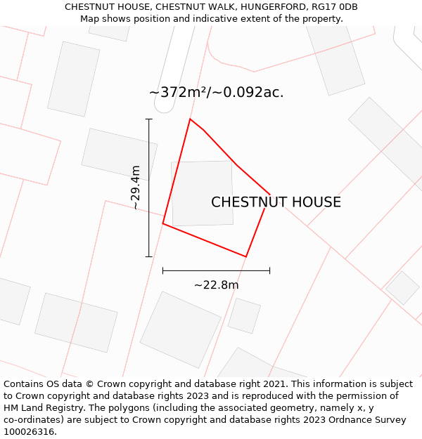 CHESTNUT HOUSE, CHESTNUT WALK, HUNGERFORD, RG17 0DB: Plot and title map