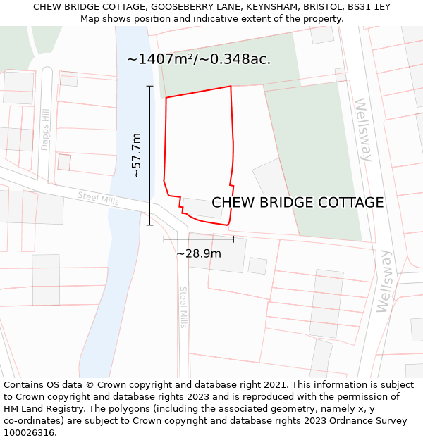 CHEW BRIDGE COTTAGE, GOOSEBERRY LANE, KEYNSHAM, BRISTOL, BS31 1EY: Plot and title map