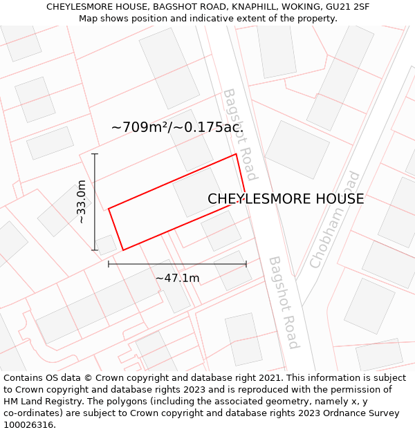 CHEYLESMORE HOUSE, BAGSHOT ROAD, KNAPHILL, WOKING, GU21 2SF: Plot and title map