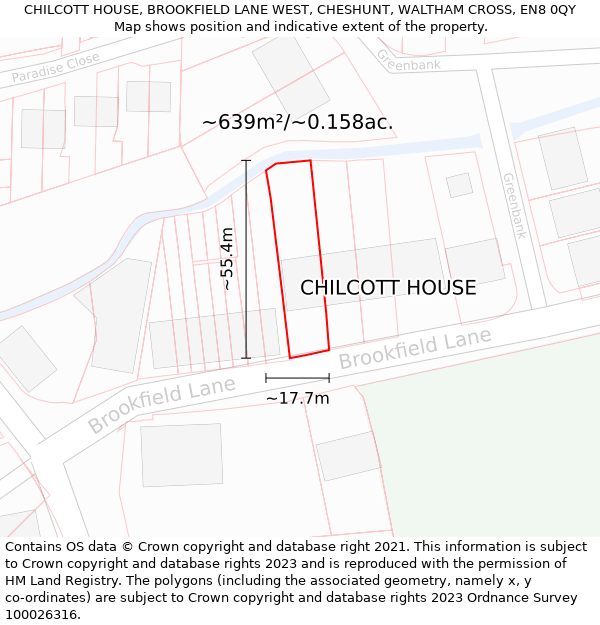 CHILCOTT HOUSE, BROOKFIELD LANE WEST, CHESHUNT, WALTHAM CROSS, EN8 0QY: Plot and title map