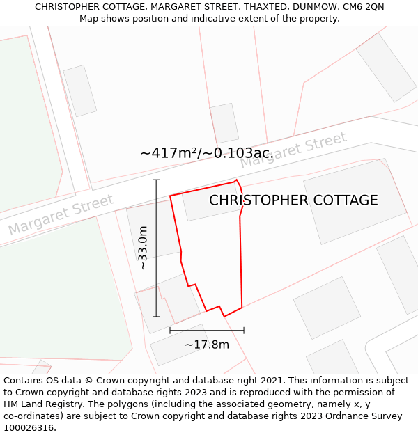 CHRISTOPHER COTTAGE, MARGARET STREET, THAXTED, DUNMOW, CM6 2QN: Plot and title map