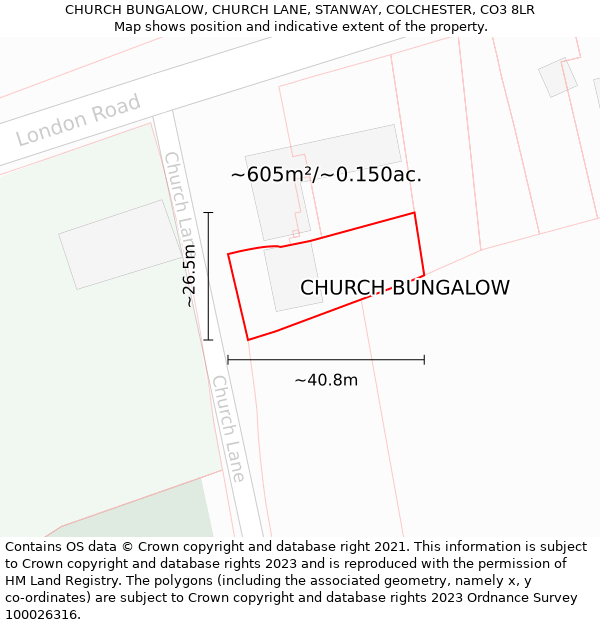 CHURCH BUNGALOW, CHURCH LANE, STANWAY, COLCHESTER, CO3 8LR: Plot and title map