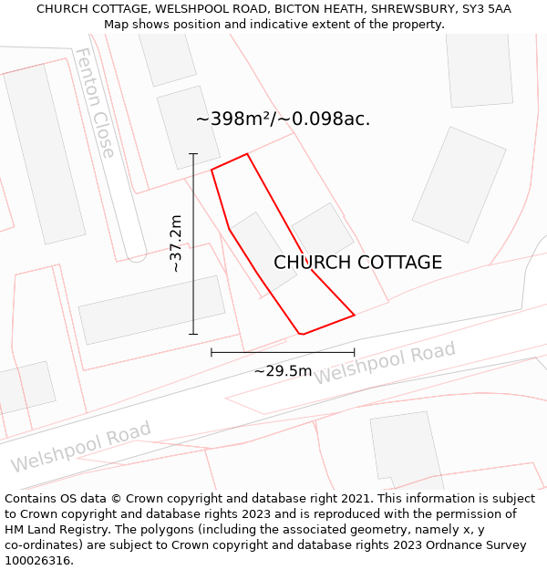 CHURCH COTTAGE, WELSHPOOL ROAD, BICTON HEATH, SHREWSBURY, SY3 5AA: Plot and title map