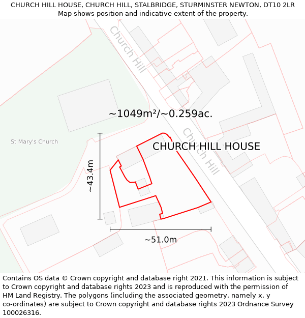 CHURCH HILL HOUSE, CHURCH HILL, STALBRIDGE, STURMINSTER NEWTON, DT10 2LR: Plot and title map