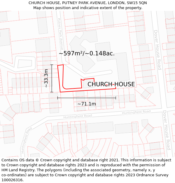 CHURCH HOUSE, PUTNEY PARK AVENUE, LONDON, SW15 5QN: Plot and title map