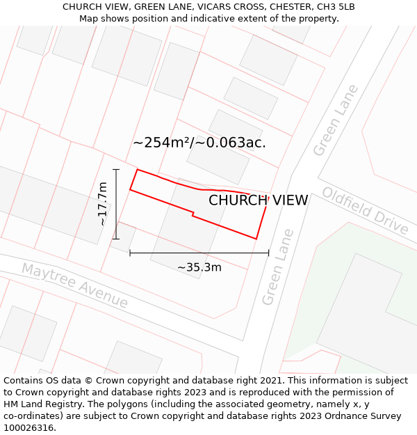 CHURCH VIEW, GREEN LANE, VICARS CROSS, CHESTER, CH3 5LB: Plot and title map