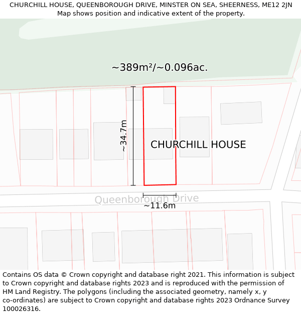 CHURCHILL HOUSE, QUEENBOROUGH DRIVE, MINSTER ON SEA, SHEERNESS, ME12 2JN: Plot and title map