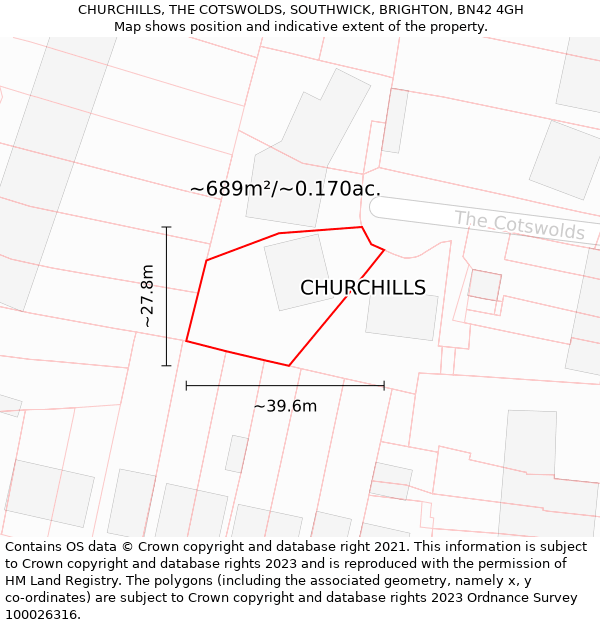 CHURCHILLS, THE COTSWOLDS, SOUTHWICK, BRIGHTON, BN42 4GH: Plot and title map