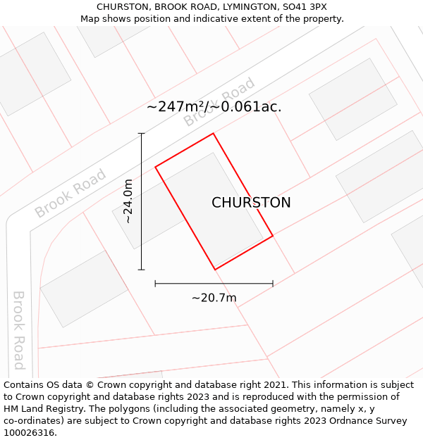 CHURSTON, BROOK ROAD, LYMINGTON, SO41 3PX: Plot and title map