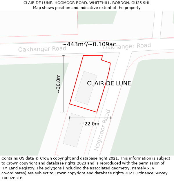 CLAIR DE LUNE, HOGMOOR ROAD, WHITEHILL, BORDON, GU35 9HL: Plot and title map