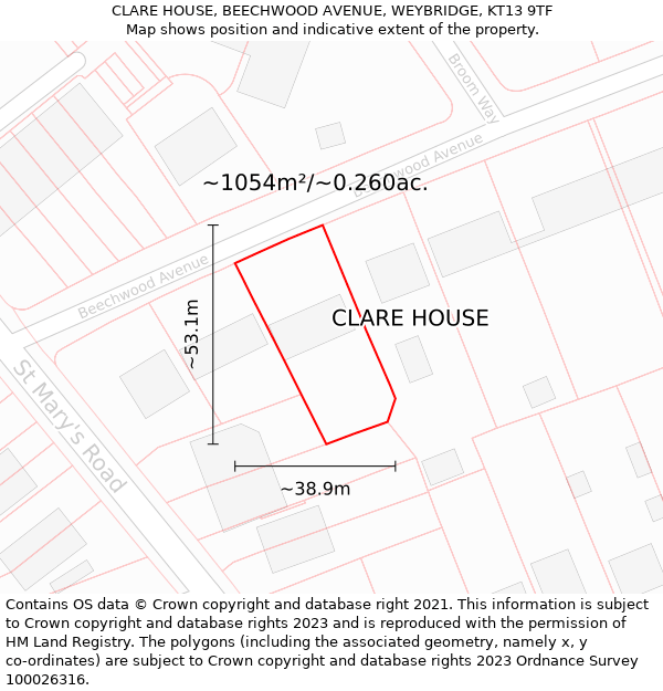 CLARE HOUSE, BEECHWOOD AVENUE, WEYBRIDGE, KT13 9TF: Plot and title map