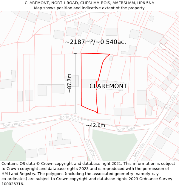 CLAREMONT, NORTH ROAD, CHESHAM BOIS, AMERSHAM, HP6 5NA: Plot and title map