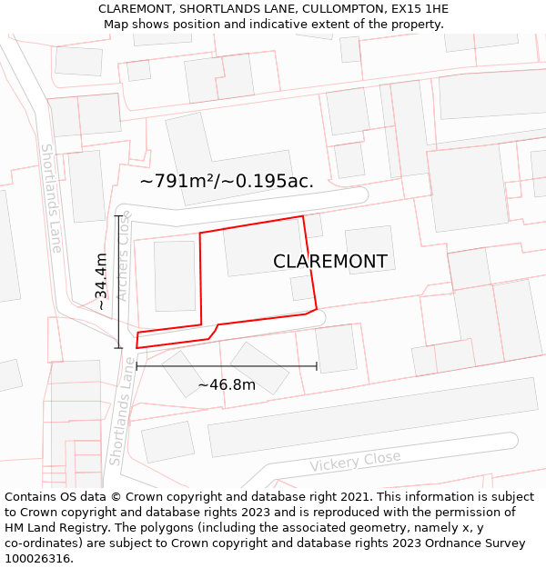 CLAREMONT, SHORTLANDS LANE, CULLOMPTON, EX15 1HE: Plot and title map