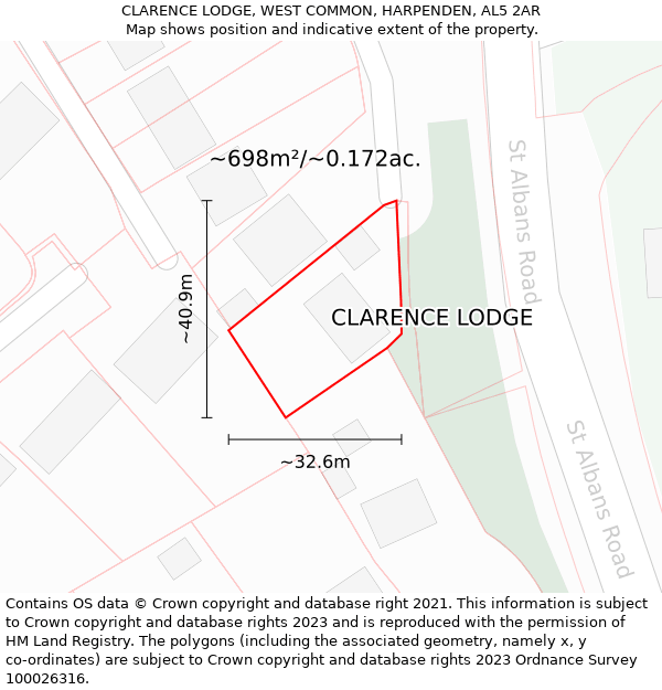 CLARENCE LODGE, WEST COMMON, HARPENDEN, AL5 2AR: Plot and title map