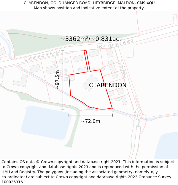 CLARENDON, GOLDHANGER ROAD, HEYBRIDGE, MALDON, CM9 4QU: Plot and title map