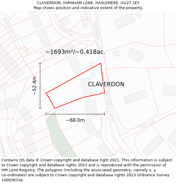 CLAVERDON, FARNHAM LANE, HASLEMERE, GU27 1EY: Plot and title map
