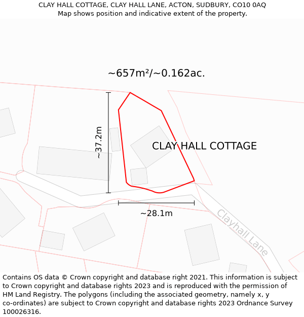 CLAY HALL COTTAGE, CLAY HALL LANE, ACTON, SUDBURY, CO10 0AQ: Plot and title map