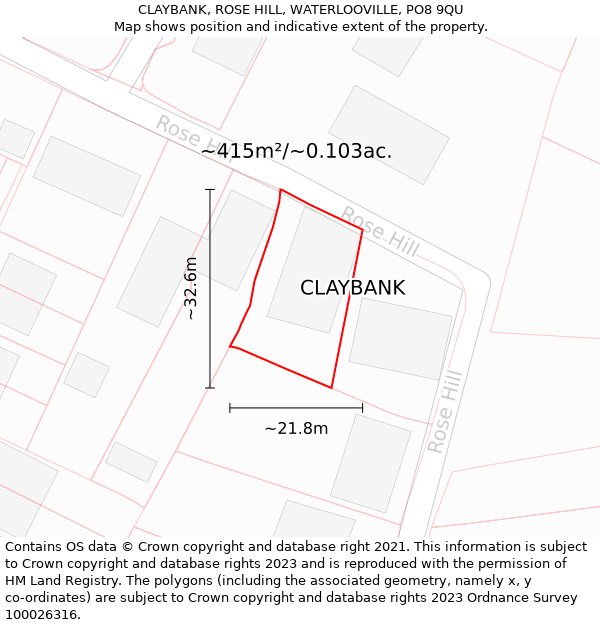 CLAYBANK, ROSE HILL, WATERLOOVILLE, PO8 9QU: Plot and title map