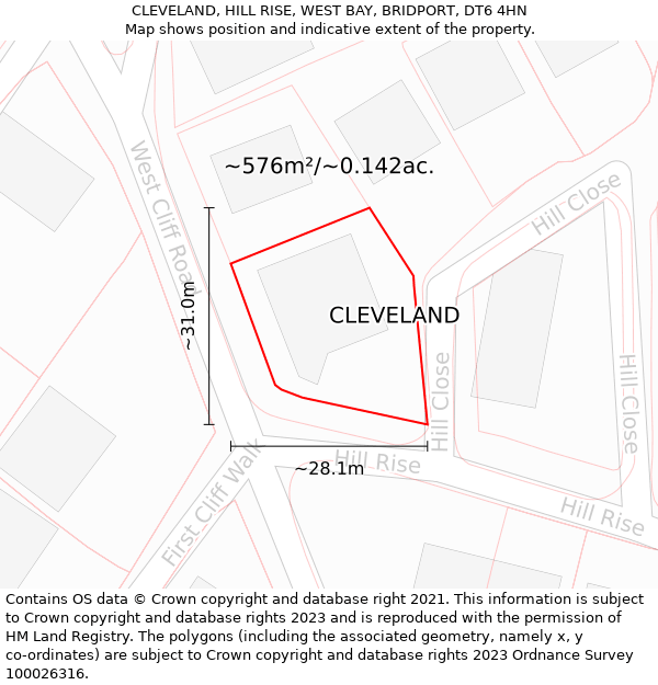 CLEVELAND, HILL RISE, WEST BAY, BRIDPORT, DT6 4HN: Plot and title map