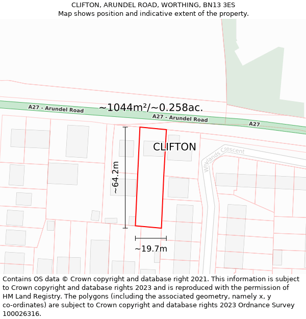 CLIFTON, ARUNDEL ROAD, WORTHING, BN13 3ES: Plot and title map