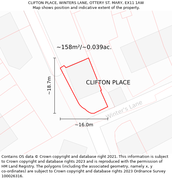 CLIFTON PLACE, WINTERS LANE, OTTERY ST MARY, EX11 1AW: Plot and title map