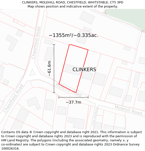CLINKERS, MOLEHILL ROAD, CHESTFIELD, WHITSTABLE, CT5 3PD: Plot and title map