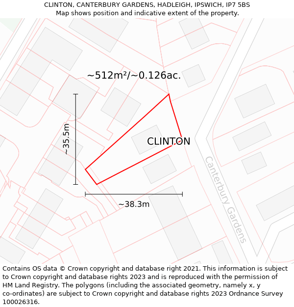 CLINTON, CANTERBURY GARDENS, HADLEIGH, IPSWICH, IP7 5BS: Plot and title map