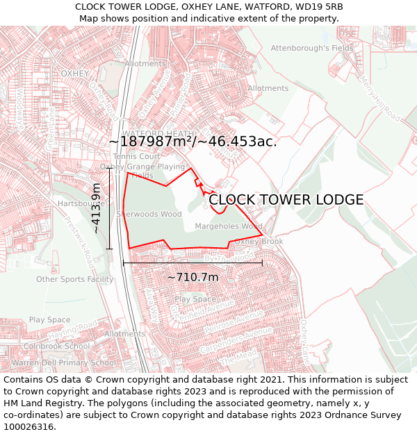 CLOCK TOWER LODGE, OXHEY LANE, WATFORD, WD19 5RB: Plot and title map
