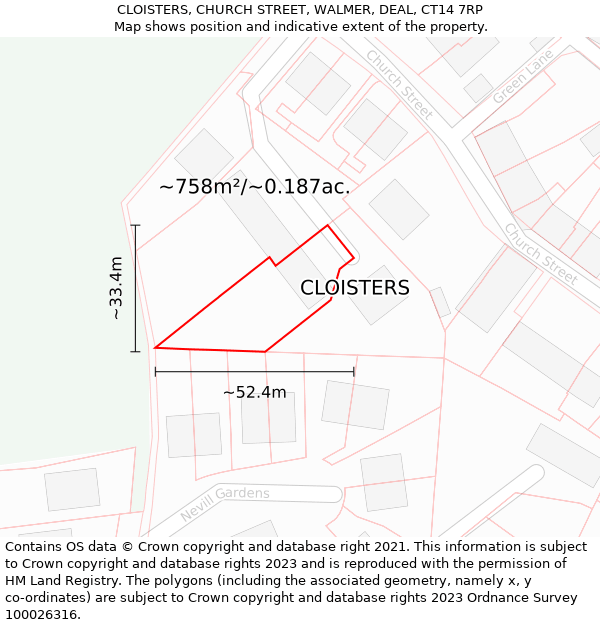 CLOISTERS, CHURCH STREET, WALMER, DEAL, CT14 7RP: Plot and title map
