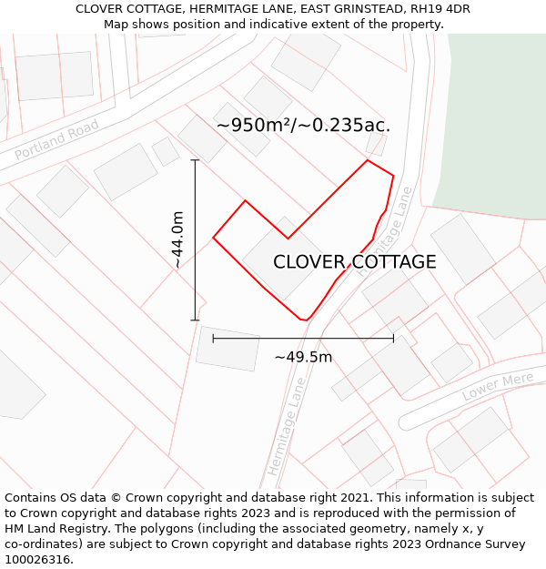 CLOVER COTTAGE, HERMITAGE LANE, EAST GRINSTEAD, RH19 4DR: Plot and title map