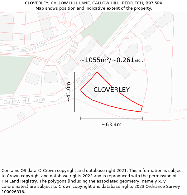 CLOVERLEY, CALLOW HILL LANE, CALLOW HILL, REDDITCH, B97 5PX: Plot and title map