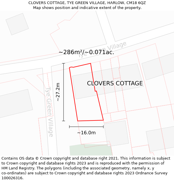 CLOVERS COTTAGE, TYE GREEN VILLAGE, HARLOW, CM18 6QZ: Plot and title map
