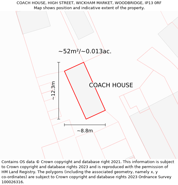 COACH HOUSE, HIGH STREET, WICKHAM MARKET, WOODBRIDGE, IP13 0RF: Plot and title map