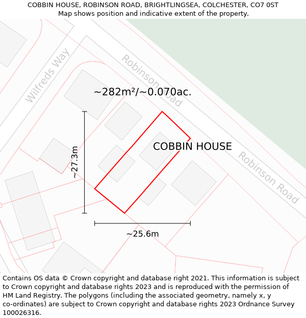 COBBIN HOUSE, ROBINSON ROAD, BRIGHTLINGSEA, COLCHESTER, CO7 0ST: Plot and title map