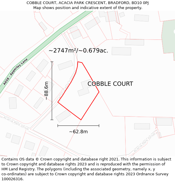 COBBLE COURT, ACACIA PARK CRESCENT, BRADFORD, BD10 0PJ: Plot and title map