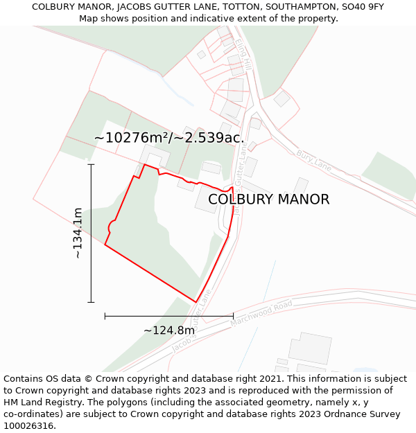 COLBURY MANOR, JACOBS GUTTER LANE, TOTTON, SOUTHAMPTON, SO40 9FY: Plot and title map