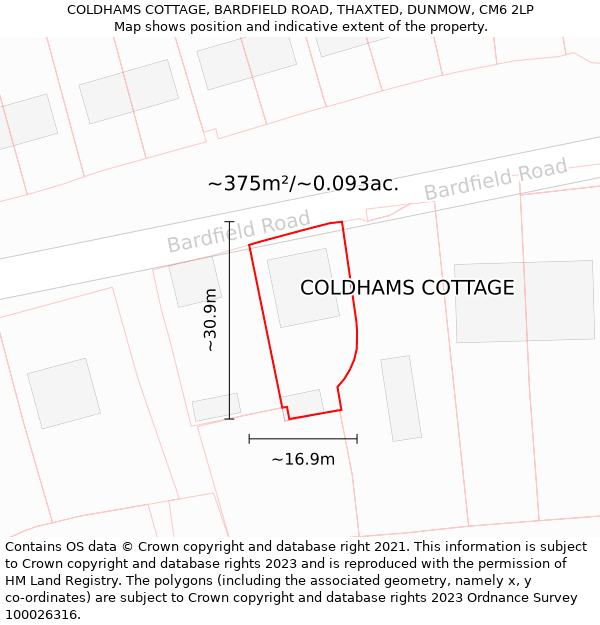 COLDHAMS COTTAGE, BARDFIELD ROAD, THAXTED, DUNMOW, CM6 2LP: Plot and title map