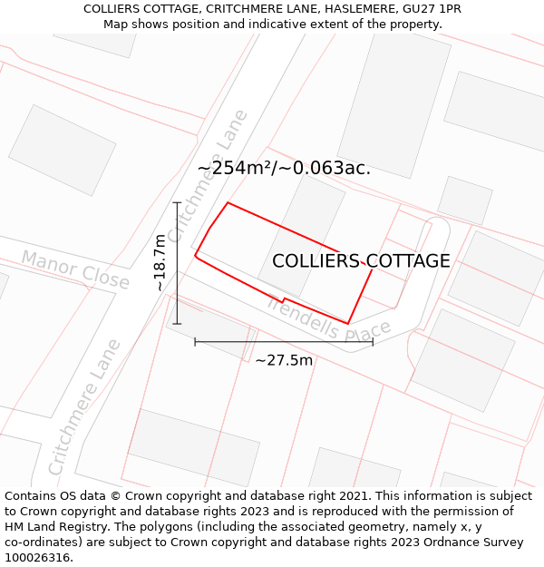 COLLIERS COTTAGE, CRITCHMERE LANE, HASLEMERE, GU27 1PR: Plot and title map