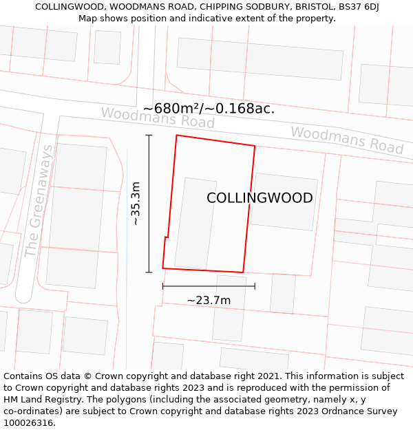COLLINGWOOD, WOODMANS ROAD, CHIPPING SODBURY, BRISTOL, BS37 6DJ: Plot and title map