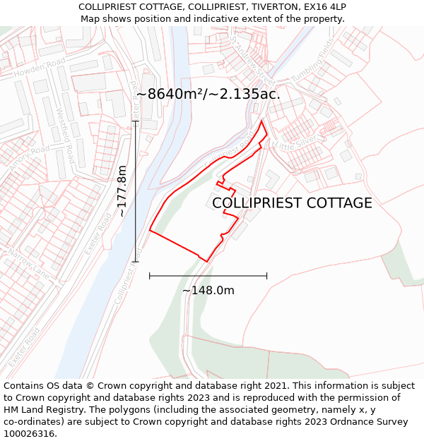 COLLIPRIEST COTTAGE, COLLIPRIEST, TIVERTON, EX16 4LP: Plot and title map