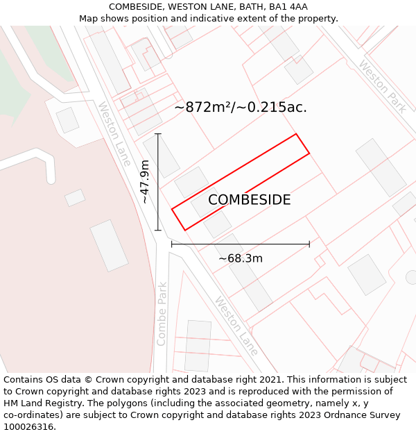 COMBESIDE, WESTON LANE, BATH, BA1 4AA: Plot and title map