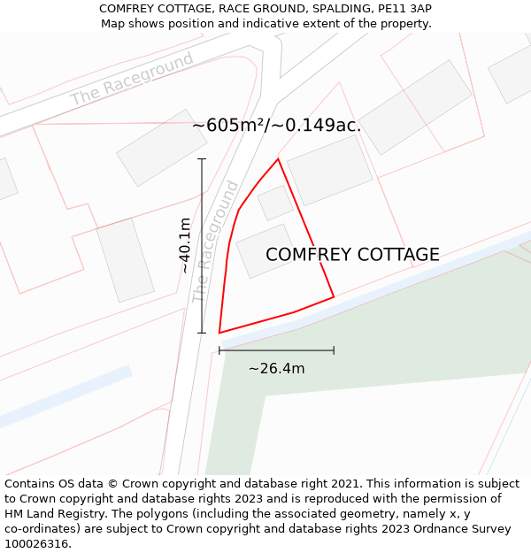 COMFREY COTTAGE, RACE GROUND, SPALDING, PE11 3AP: Plot and title map