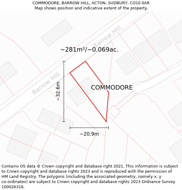 COMMODORE, BARROW HILL, ACTON, SUDBURY, CO10 0AR: Plot and title map