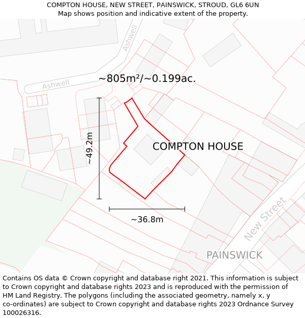 COMPTON HOUSE, NEW STREET, PAINSWICK, STROUD, GL6 6UN: Plot and title map