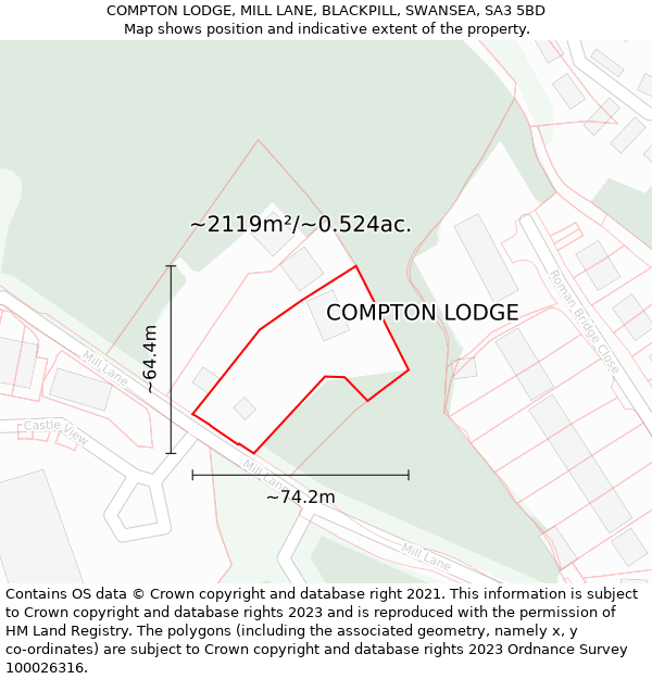 COMPTON LODGE, MILL LANE, BLACKPILL, SWANSEA, SA3 5BD: Plot and title map