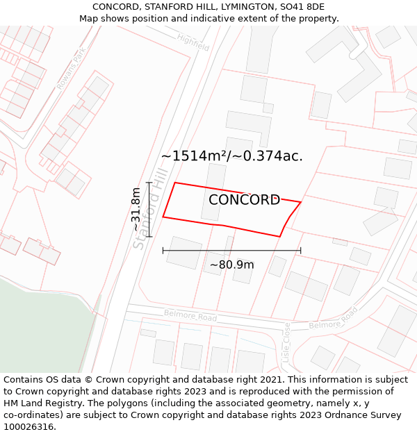 CONCORD, STANFORD HILL, LYMINGTON, SO41 8DE: Plot and title map