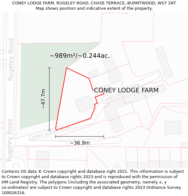 CONEY LODGE FARM, RUGELEY ROAD, CHASE TERRACE, BURNTWOOD, WS7 1NT: Plot and title map