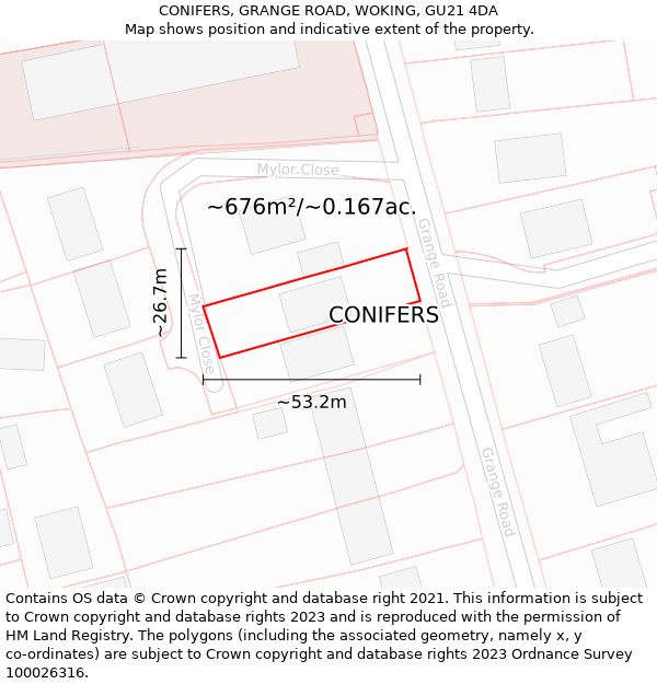 CONIFERS, GRANGE ROAD, WOKING, GU21 4DA: Plot and title map