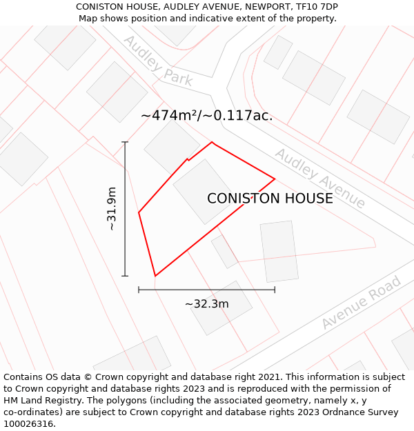 CONISTON HOUSE, AUDLEY AVENUE, NEWPORT, TF10 7DP: Plot and title map