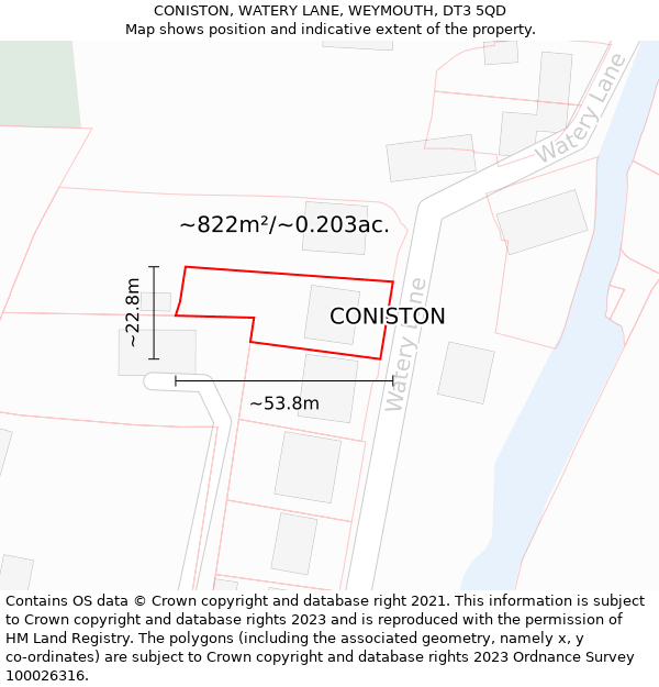 CONISTON, WATERY LANE, WEYMOUTH, DT3 5QD: Plot and title map